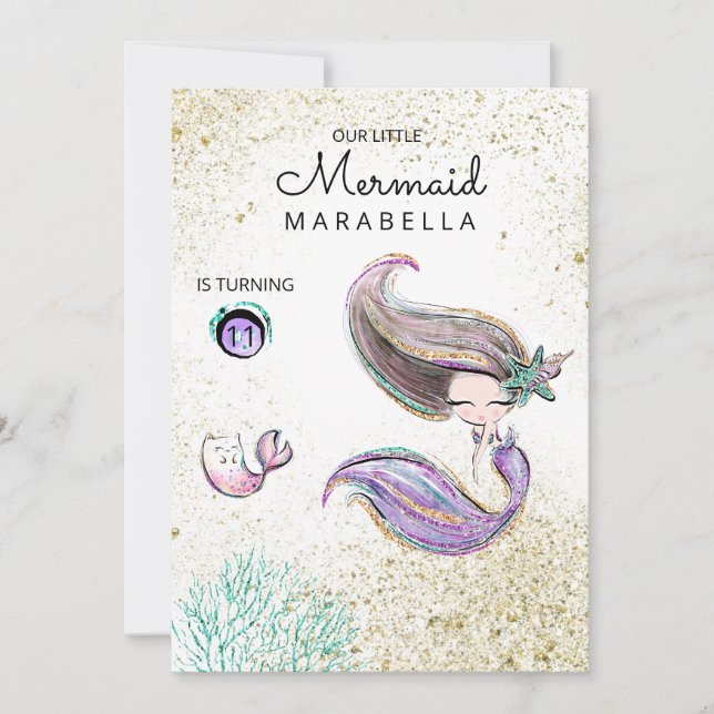 Invitation *~* Chat Kitty Mermaid Parties scintillant or chev (Devant)