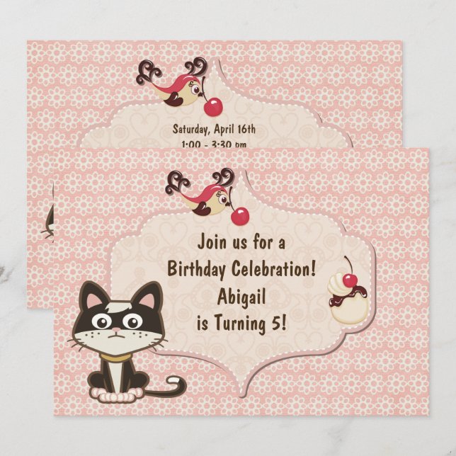 Invitation Chat kitty noir et blanc mignon à l'anniversaire r (Devant / Derrière)