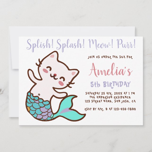 Invitation Chat Mermaid Girl Anniversaire Meowmaid Purrmaid S (Devant)