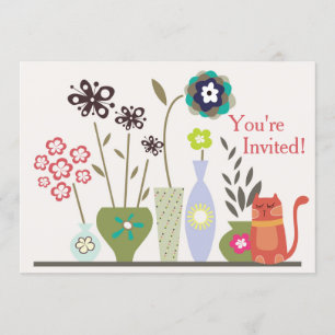 Invitation Chat mignon et fleurs pointillées Anniversaire