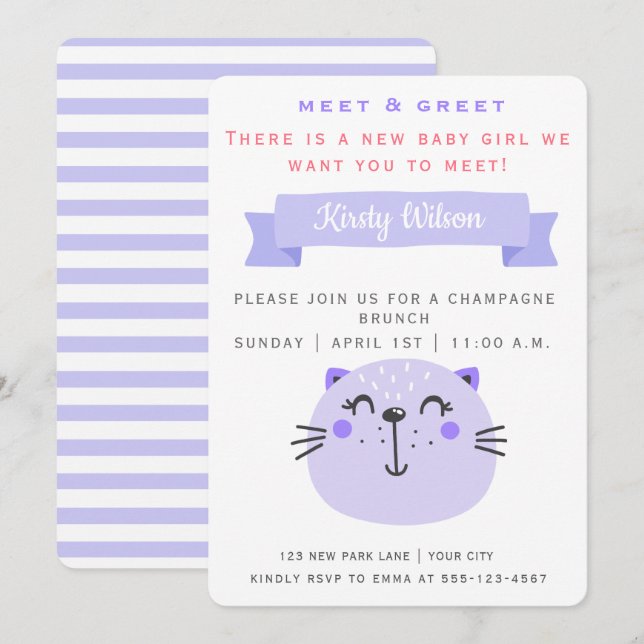 Invitation Chat mignon pourpre | Meet & Greet New Baby (Devant / Derrière)