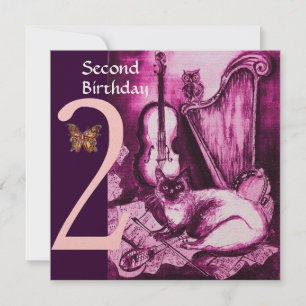 Invitation CHAT MUSICAL Pink Fuchsia Deuxième fête d'annivers