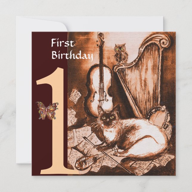 Invitation CHAT MUSICALE Première fête d'anniversaire Gold Br (Devant)