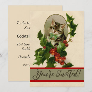 Invitation Chat Noël Joyau Holly Kitten Art antique