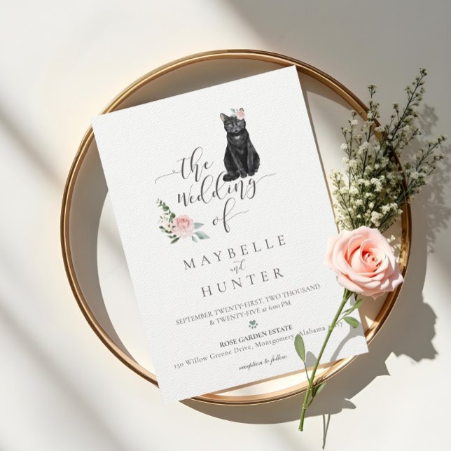 Invitation Chat noir Aquarelle Pet Floral Rose Mariage (Black Cat Watercolor Pet Floral Pink Rose Wedding Invitation)
