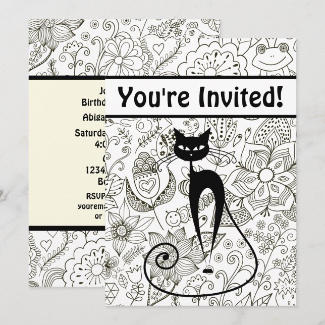 Invitation Chat noir avec Jardin noir et blanc Anniversaire (Devant / Derrière)