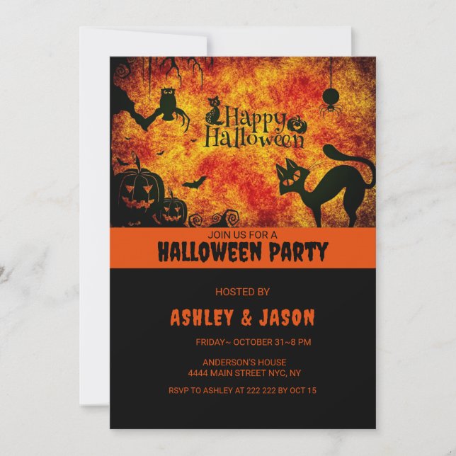 Invitation Chat noir de la fête d'Halloween pour adultes (Devant)