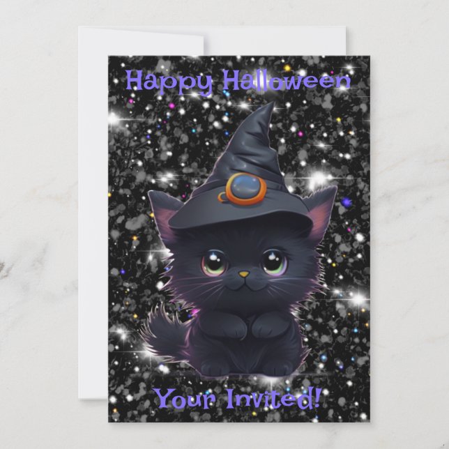 Invitation Chat noir d'Halloween blanc mignon (Devant)