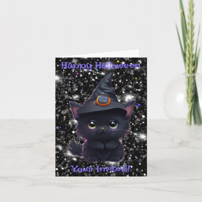 Invitation Chat noir d'Halloween blanc mignon (Devant)