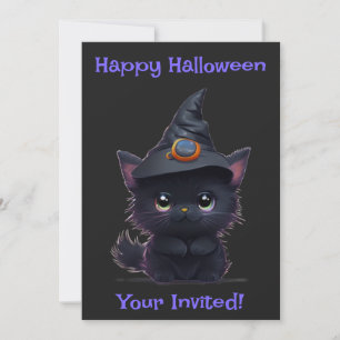 Invitation Chat noir d'Halloween blanc mignon