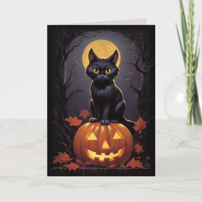 Invitation Chat noir d'Halloween et Citrouille (Devant)