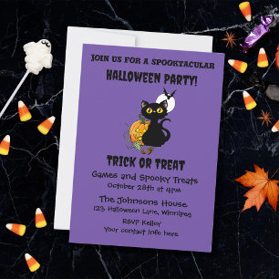 Invitation Chat noir mignon violet Halloween Citrouille