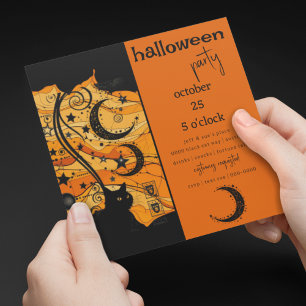 Invitation Chat noir mystique et symboles célestes Halloween