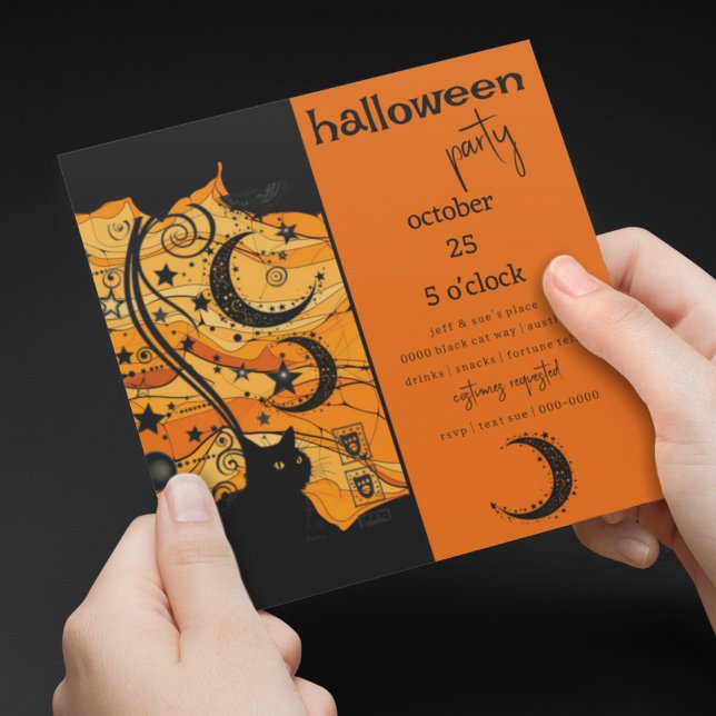 Invitation Chat noir mystique et symboles célestes Halloween (Mystical black hat and celestial symbols on customizable Halloween Party Invitations )