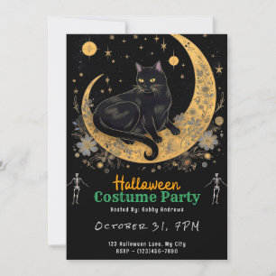Invitation Chat noir sur un croissant de lune Halloween noir