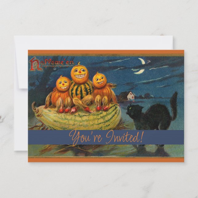 Invitation Chat noir vintage Halloween Citrouille (Devant)