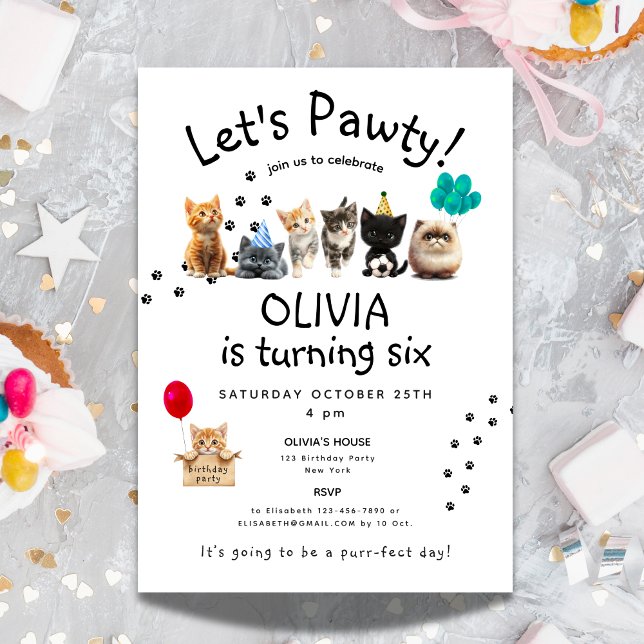 Invitation Chat Purr-fect Anniversaire | Cute Kids Kitten Paw (Purr-fect Cat Birthday | Cute Kids Kitten Pawty Invitation)