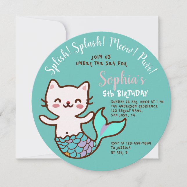 Invitation Chat Sirène Bleu Ronde Fille Anniversaire Purrmaid (Devant)