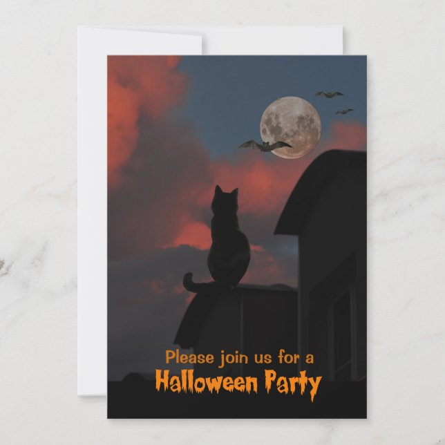 Invitation Chat sur le toit avec une pleine lune Halloween (Devant)