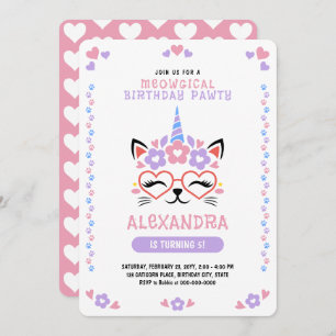 Invitation Chat Unicorn Coeurs rose violet bleu fête d'annive