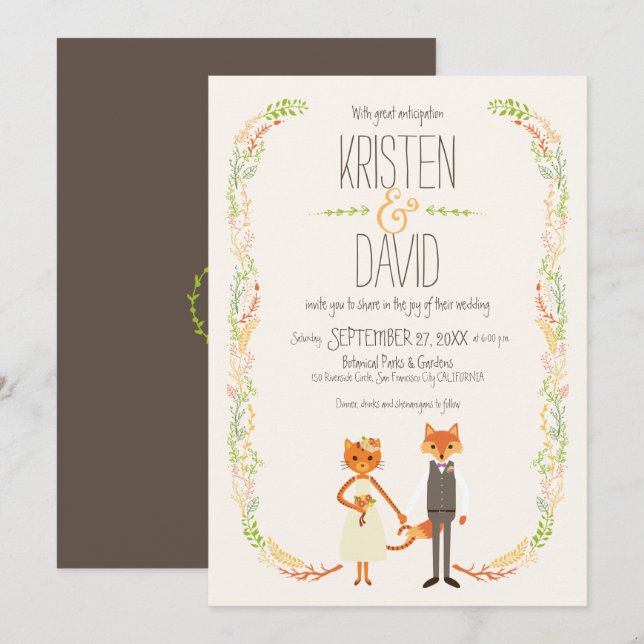 Invitation Chat Whimsland et Fox Couple Mariage (Devant / Derrière)