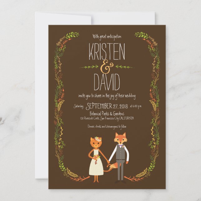 Invitation Chat Whimsland et Fox Couple Mariage (Devant)