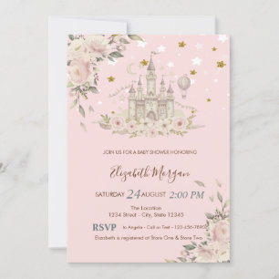 Invitation Château Aquarelle,Fleurs,Etoiles Dorées Baby Showe