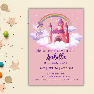 Invitation Château de conte de fées arc-en-ciel pour l'annive