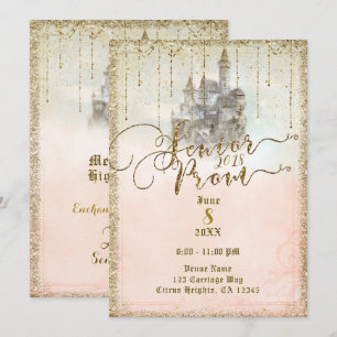 Invitation Château de conte de fées pailleté or Bal de promo