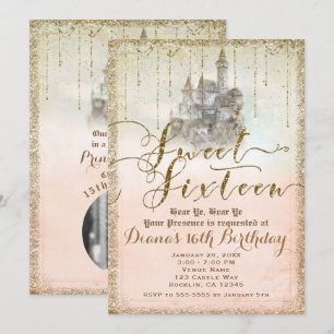 Invitation Château de conte de fées pailleté or fête de photo