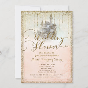 Invitation Château de conte de fées pailleté or mariage douch