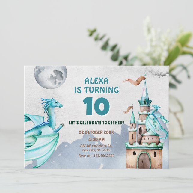 Invitation Château de Dragon Bleu aquarelle anniversaire (Debout devant)