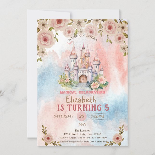 Invitation Château Floral Princess Aquarelle Anniversaire (Devant)