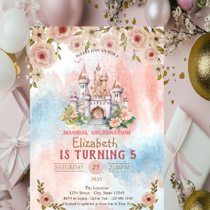 Invitation Château Floral Princesse Anniversaire Aquarelle