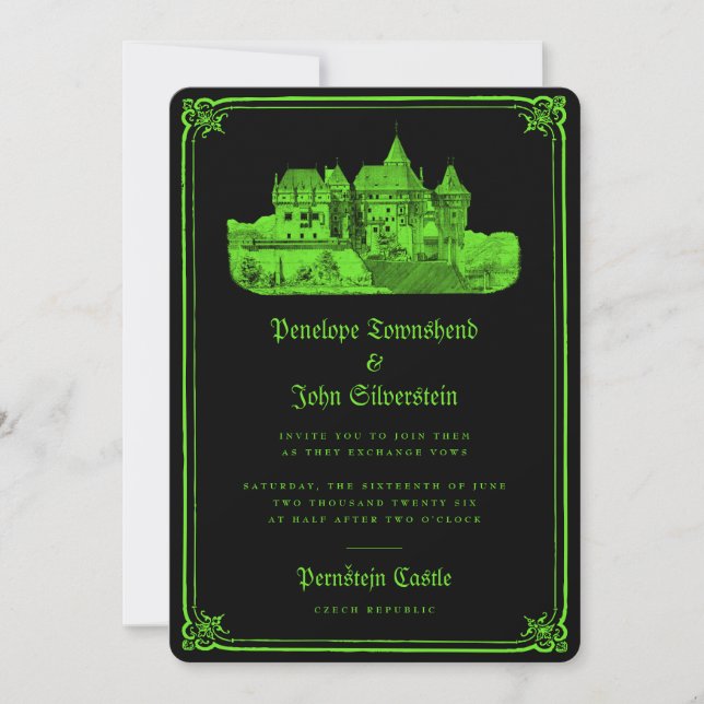 Invitation Château gothique enchanté Neon Vert Mariage noir (Devant)