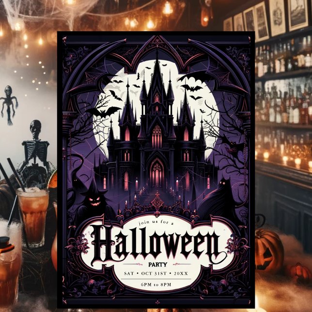 Invitation Château gothique Fête d'Halloween (Gothic Halloween Party Invitation)