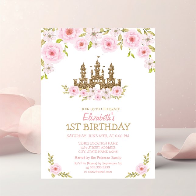 Invitation Château Princess, Fleurs, Anniversaire rayé (Créateur téléchargé)