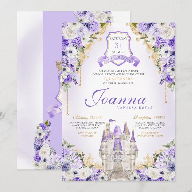 Invitation Château Princess Royal Lavender Quinceanera (Devant / Derrière)