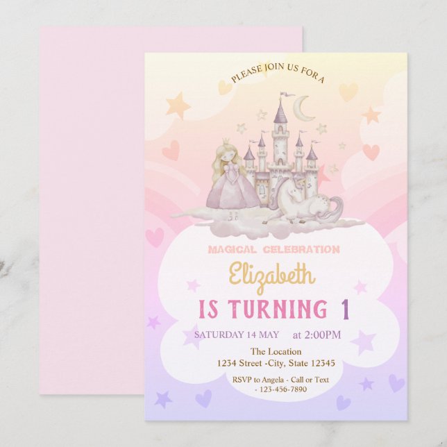 Invitation Château Princesse Licorne Anniversaire Arc-en-Ciel (Devant / Derrière)
