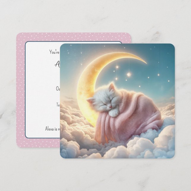 Invitation Chaton blanc dormant sur une lune de croissant (Devant / Derrière)