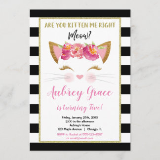 Invitation Chaton chaton en or blanc noir fête d'anniversaire