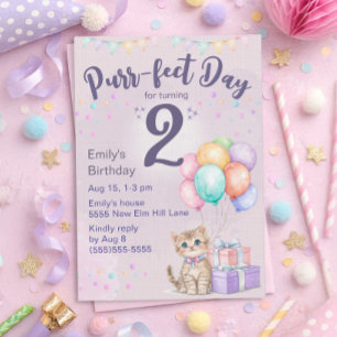 Invitation Chaton Pastel Fille 2ème Anniversaire