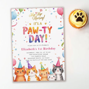 Invitation Chatons de Fête de Chat Ballons Colorés 1er Annive