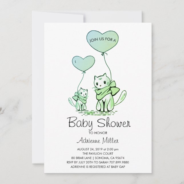 Invitation Chatons Et Ballons De Baby shower Illustrés (Devant)
