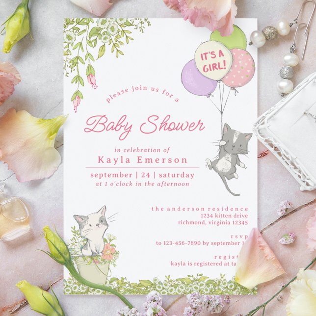 Invitation Chatons et fleurs de printemps | Baby shower fille (Créateur téléchargé)