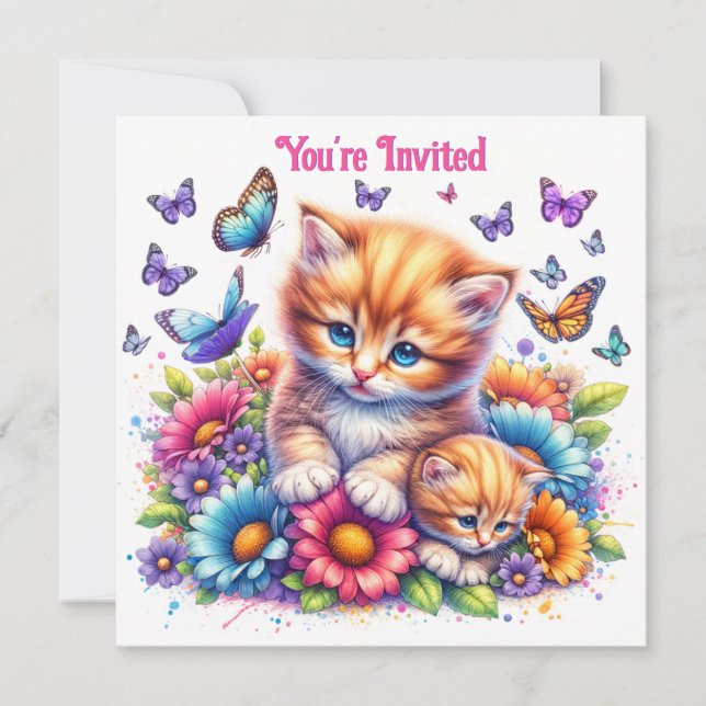 Invitation Chatons, papillons et fleurs Anniversaire (Devant)