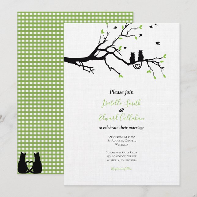 Invitation Chats Noirs en arbre vert En vichy Mariage (Devant / Derrière)