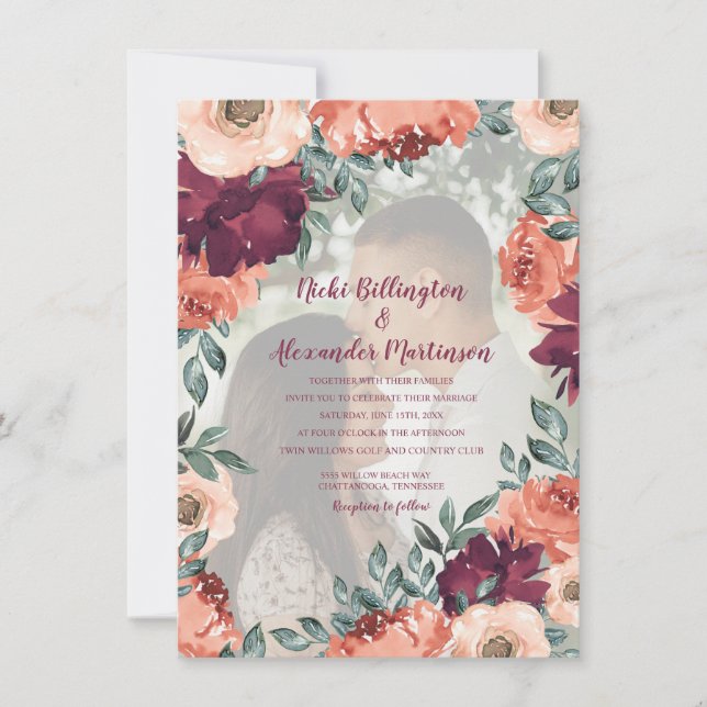 Invitation Chaud Brûlé Orange Bourgogne Floral Mariage Photo (Devant)