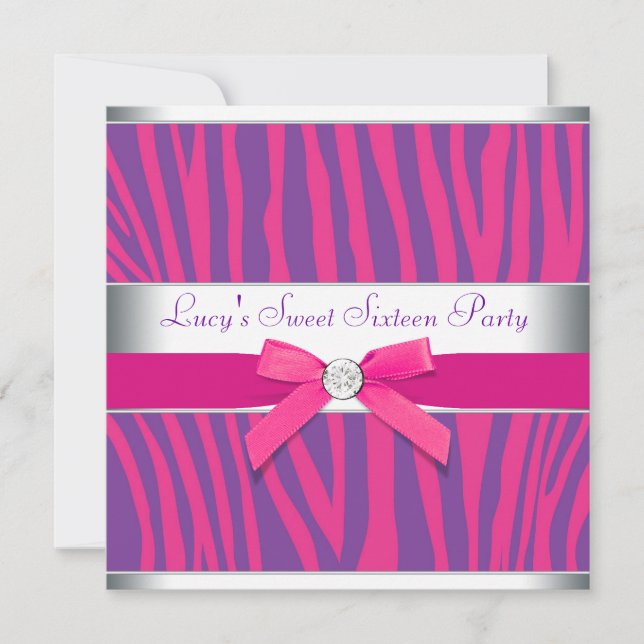 Invitation Chaud rose Bow violet Zebra Sweet 16 Party (Devant)