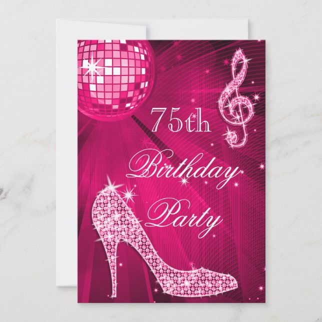 Invitation Chaud rose Disco Ball Étincelle talons 75e anniver (Devant)